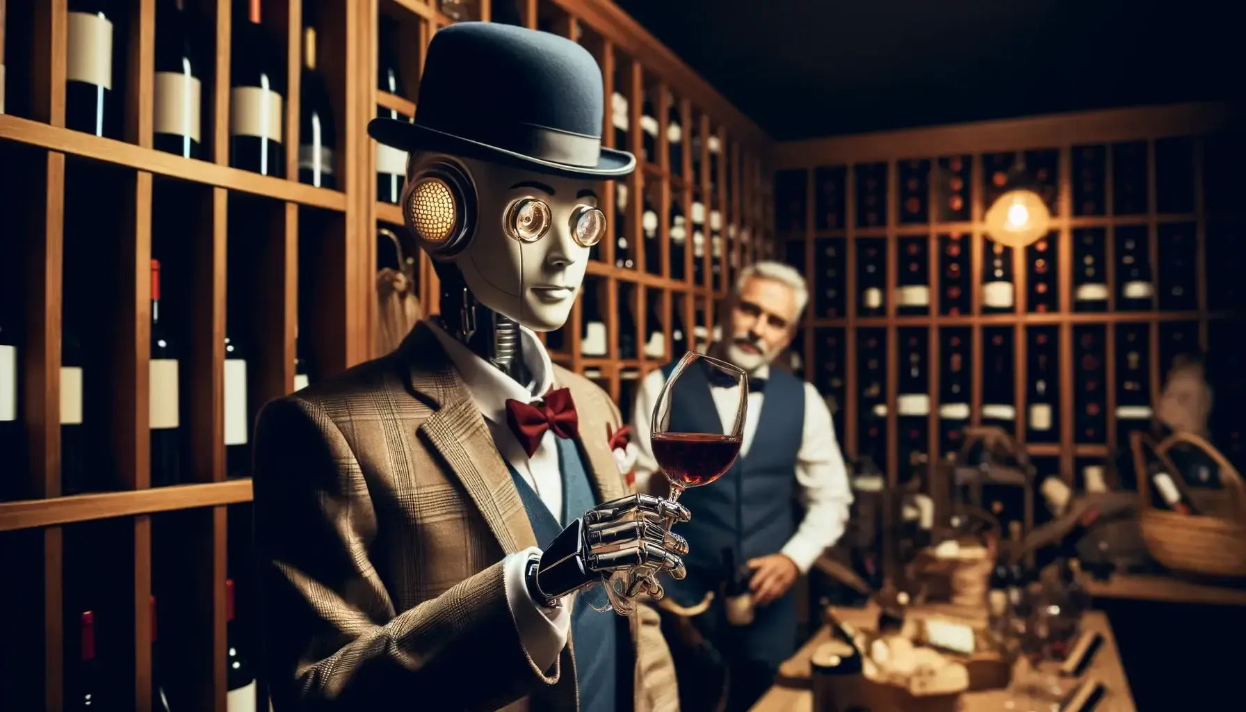 A sophisticated and snooty humanoid robot evaluating wine
